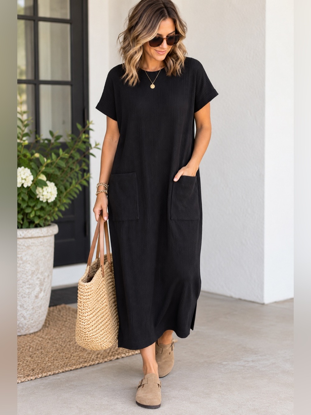 Three Bird Nest Black Ribbed Midi Maxi T-Shirt
Dress Pockets XL NWT USA